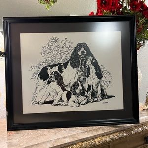 VINTAGE PICTURE FRAME  Springer Spaniel DOG FAMILY BY E. PUGLESE 24”x20.5”